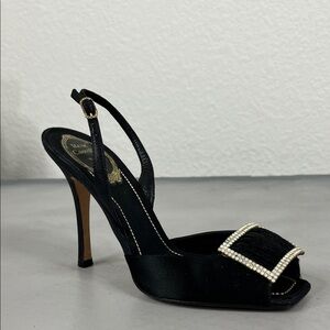 Rene Caovilla VTG Black Satin Heels with Rhinestone Buckle Peep Toe Slingback